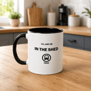 11oz Railway Themed Ceramic Mug – 'I'll Just be in the Shed'