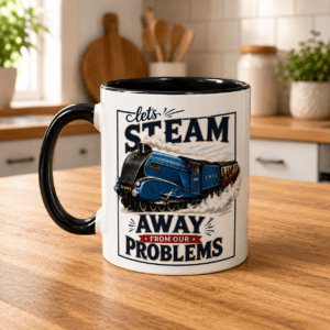 11oz Railway Themed Ceramic Mug – 'Let's Steam Away from our Problems'